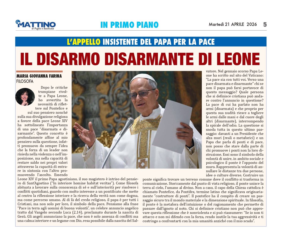 MgFarina's tweet image. Ecco il mio articolo di oggi su @IlMattinoFoggia dedicato a @Pontifex_it e alla sua promozione della pace. #pace