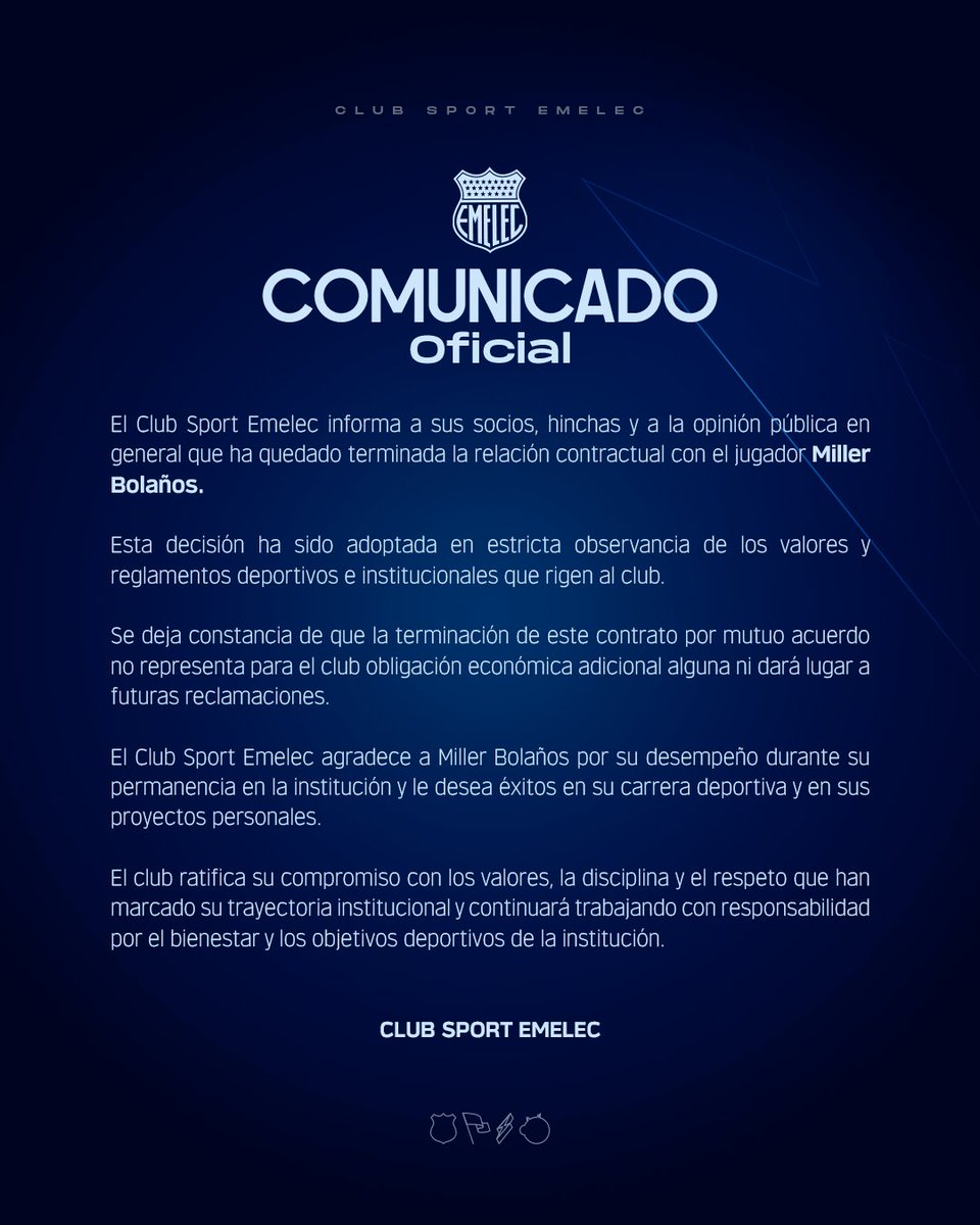 ProfeHerrera's tweet photo. Miller Bolaños no es más jugador del Club Sport Emelec, la dirigencia lo ha hecho oficial. https://t.co/UmCzxGB2jy
