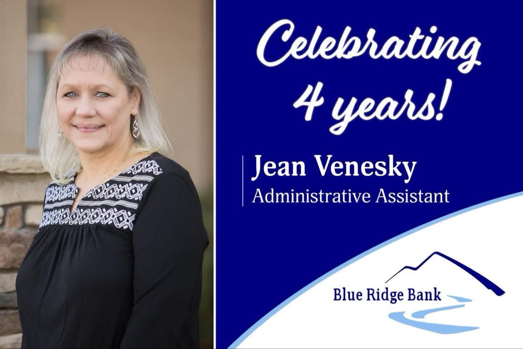 BlueRidgeBank's tweet photo. Please help us congratulate Jean Venesky on four years with BRB! 🎊

Jean is our Loan Admin Assistant at our Pickens office. We are thankful for her hard work, attention to detail, and commitment to BRB! She plays an important role in supporting our team. https://t.co/BcgfDcB5Bp