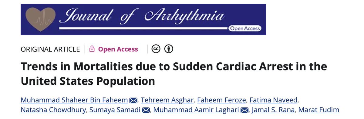 DrFaheemMD's tweet photo. Happy to share another published article

Findings: 
SCA deaths in the U.S. ↓ significantly (1999–2023), especially after 2021.
Men > women; highest in non-Hispanic Black populations.
Regional gaps persist.

Huge thanks to @DrAamirLaghari, @JamalRanaMD and @FudimMarat https://t.co/k4EDkPud77