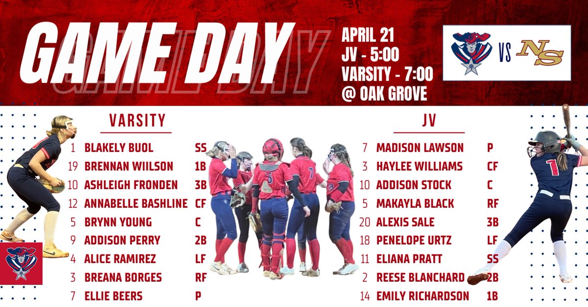 AlaSoftball's tweet photo. The Patriots take on Ninety-Six at home tonight! Let's pack the stands &amp; show our support! 
JV - 5:00PM, Varsity 7:00pm! Let's GO! 🥎💫 https://t.co/og5LrjMcZJ