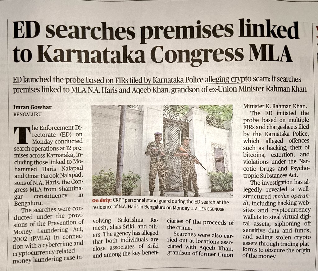 Lalithprashant's tweet image. ED Searches Premises Linked to Karnataka Congress MLA.
ED Launched the Probe Based On FIRs filed By Karnataka Police Alleging Crypto Scam;It searches Premises Linked To MLA N.A.Haris and Aqeeb Khan, grandson of ex-Union Minister Rahman Khan..
#ED
#Karnataka