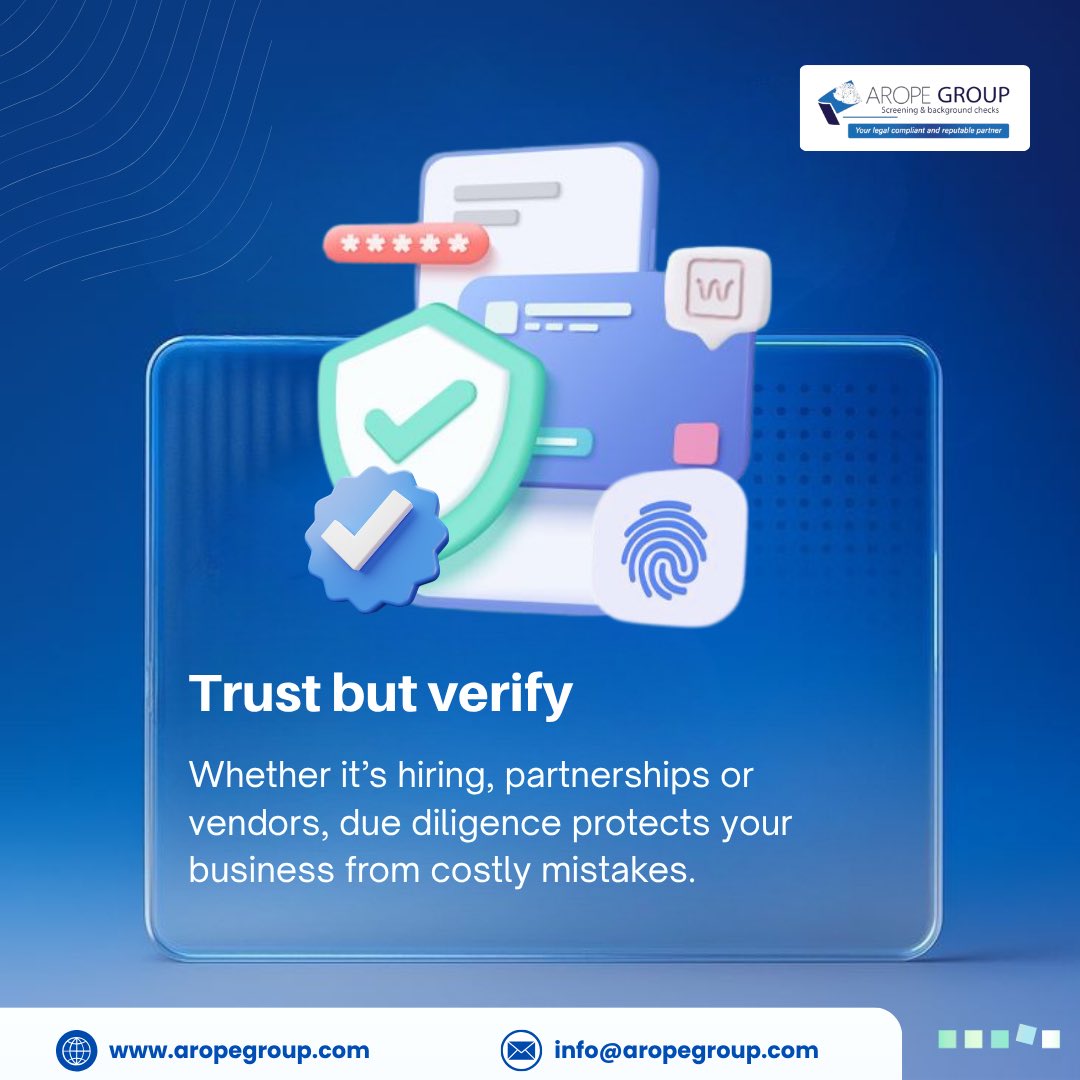 aropegroup's tweet image. Trust but verify. Whether it’s hiring, partnerships or vendors, due diligence protects your business from costly mistakes.
      
 Make Better Hiring and Business Decisions with Us - aropegroup.com or +254 706709777

#BackgroundChecks #SmartHiring #TrustButVerify