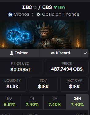 DeFiApesCRO's tweet photo. New pairing for $DBC with $OBS. Thank you @ObsidianSwap and @HatenCRO for all the help and understanding. 

The Diamond Bank protects. $DBC NFA/DYOR

#DeFiApeGang https://t.co/xP4oUqD03Y