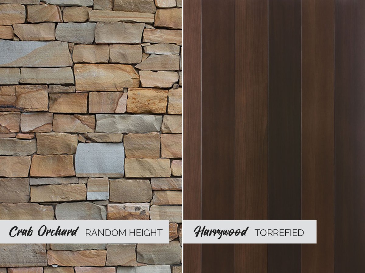SemcoStone's tweet photo. Steel siding + natural stone + a touch of brick = a standout exterior.

Crab Orchard split-face sandstone pairs perfectly with Mac Metal’s Harrywood Torrefied wood-look steel siding—backed by a 40-year warranty. https://t.co/T9S8JRUz9b