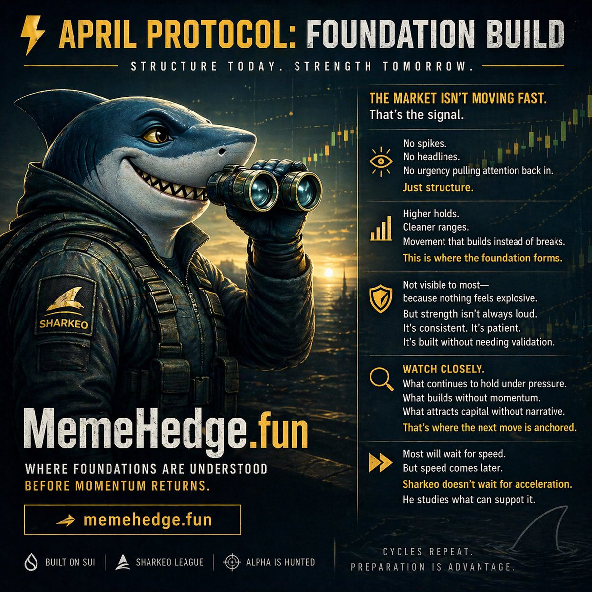 memehedge's tweet photo. ⚡ APRIL PROTOCOL: FOUNDATION BUILD

The market isn’t moving fast.

That’s the signal.

No spikes.
No headlines.
No urgency pulling attention back in.
Just structure.
Higher holds.
Cleaner ranges.
Movement that builds instead of breaks.

This is where the foundation forms.

Not visible to most—
because nothing feels explosive.
But strength isn’t always loud.
It’s consistent.

It’s patient.

It’s built without needing validation.
Watch closely.

What continues to hold under pressure.
What builds without momentum.
What attracts capital without narrative.

That’s where the next move is anchored.

Most will wait for speed.

But speed comes later.

Sharkeo doesn’t wait for acceleration.

He studies what can support it.
https://t.co/uLYQyYOgXm —
where foundations are understood
before momentum returns.
➡️ https://t.co/DqMtZPeRqn

#MemeHedge
#AprilProtocol
#FoundationBuild
#SharkeoLeague
#BuiltOnSUI
#AlphaIsHunted
