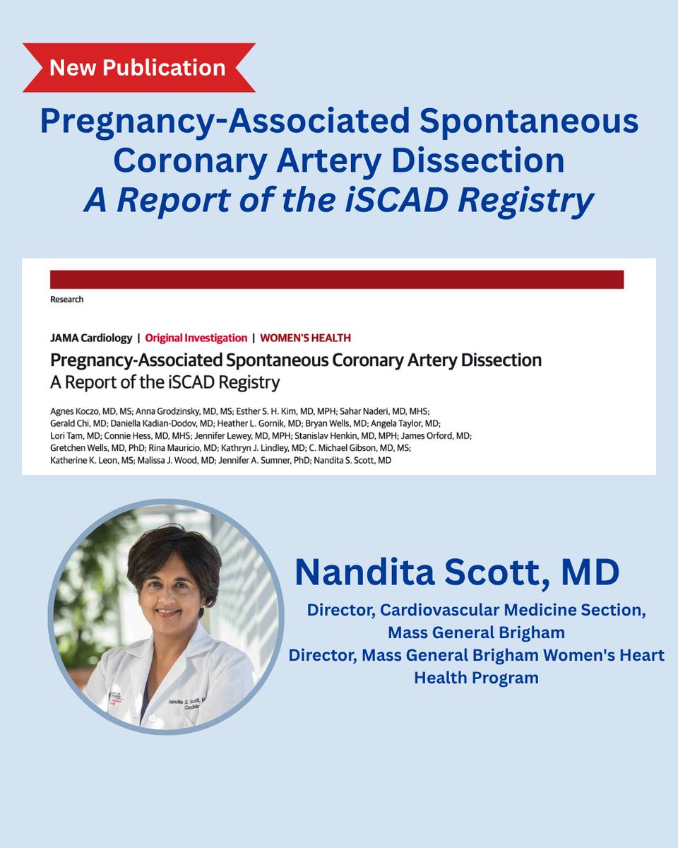 MGBWomenHeart's tweet photo. Just published in JAMA Cardiology: new data from the iSCAD Registry on pregnancy‑associated SCAD!  Led by @NanditaScottMD, this study offers insights into the outcomes of women with pregnancy‑associated spontaneous coronary artery dissection.

🔗https://t.co/Yi0tGqOg8f https://t.co/AXW5mR3CJt