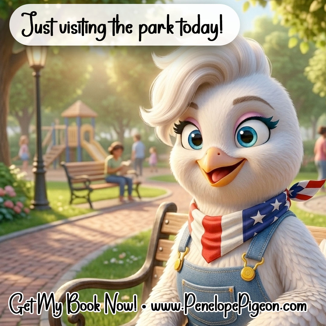 I enjoy the park, how about you?

On Amazon: amazon.com/dp/B0GBZYN2FS/
Visit my website penelopepigeon.com

Get my book!

#Penelope #peapoppingpigeon #childrensbook #childrensauthor #booksforchildren