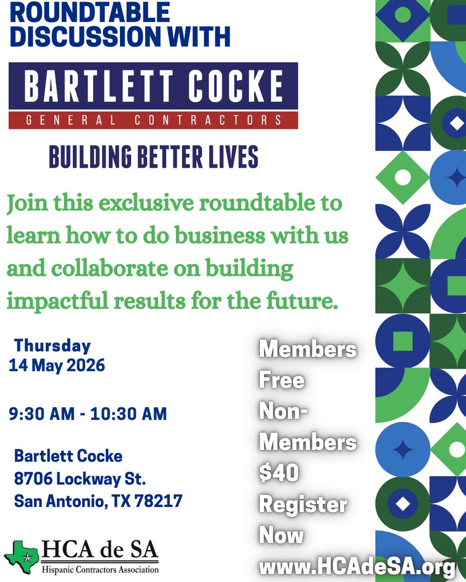 HCAdeSA's tweet photo. This conversation will bring these industry leaders together to share insights, discuss challenges, and explore opportunities to collaborate.

May 14th, 2026
9:30 AM - 10:30 AM
Bartlett Cocke General Contractors
8706 Lockway St.
SA, TX 78217

Register https://t.co/hZX2QrAT7e https://t.co/dBqq4t3BbO