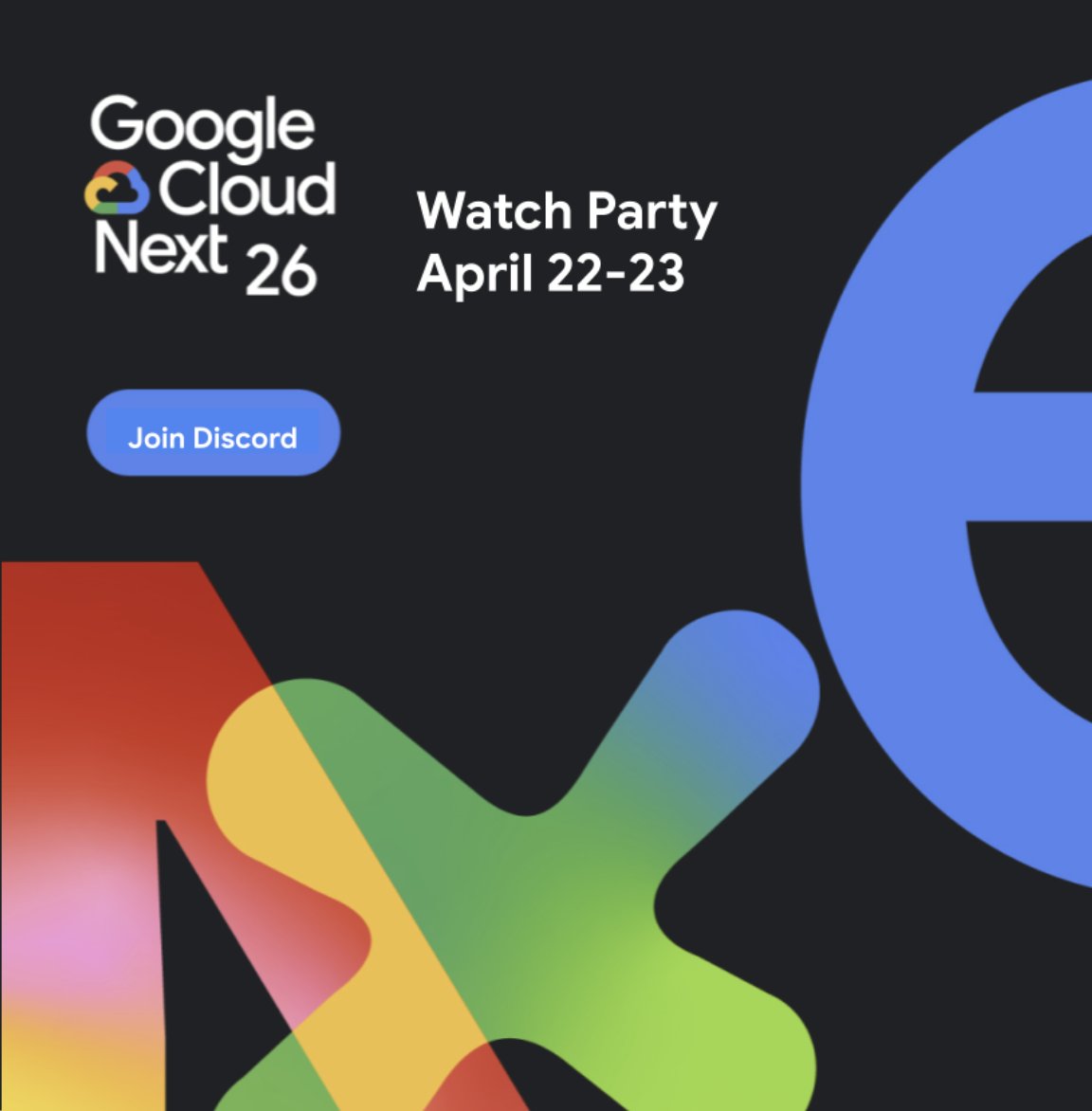 googledevs's tweet image. The countdown to #GoogleCloudNext ’26 is ON! ⏳

Get ready for the latest in AI, infra, and workspace innovation. Don’t just watch, experience it with the dev community!

📺 Watch the keynotes live → goo.gle/next26-dev-key… 
💬 React in real-time on our Discord →