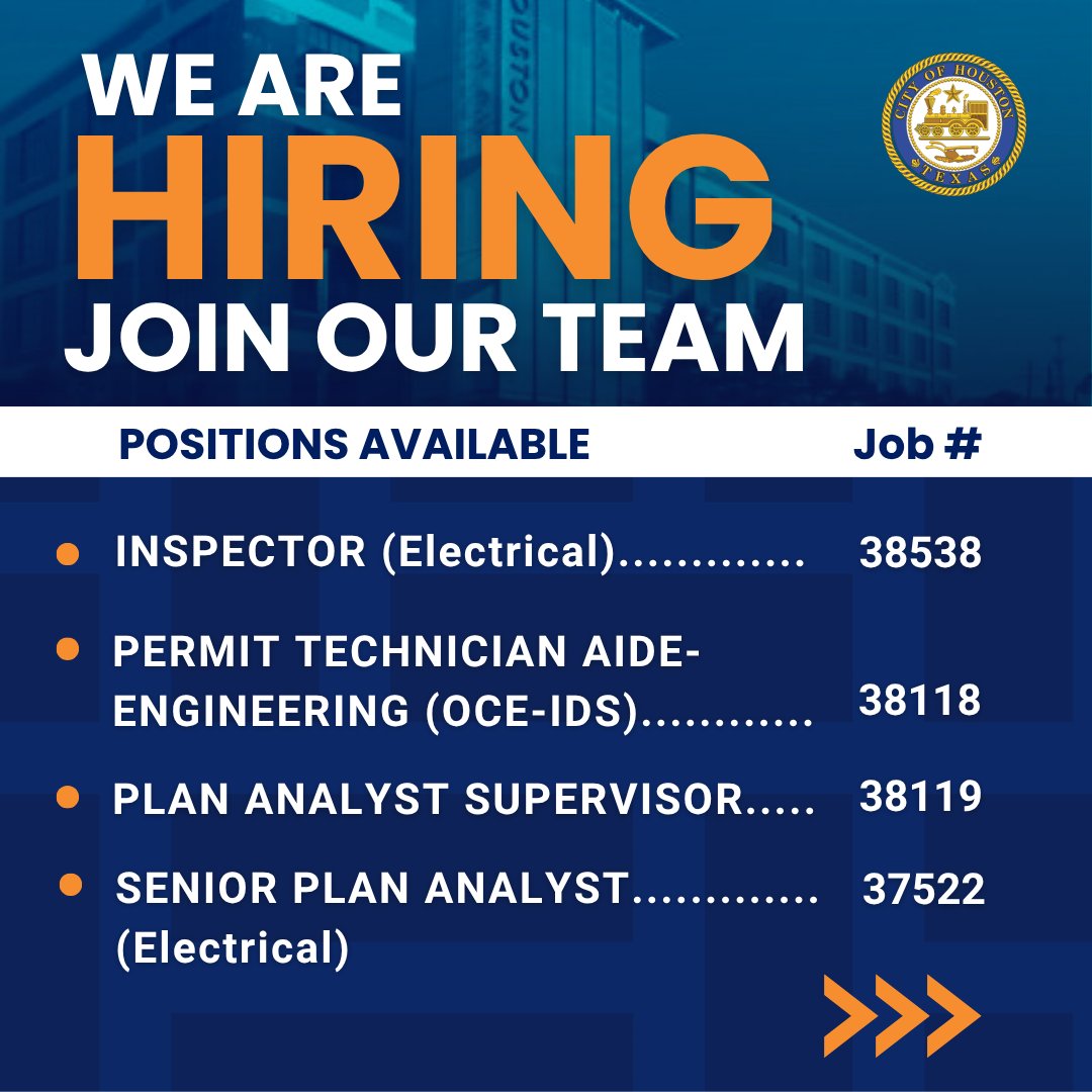 COHPermits's tweet image. Looking for your next career opportunity? The Houston Permitting Center is hiring across multiple roles, including:
- Permit Technician
- Engineer
- Inspector
- Permit Specialist
- Plan Analyst
- And more
 
Apply now: bit.ly/4vPl1Rl #NowHiring #JoinUs
