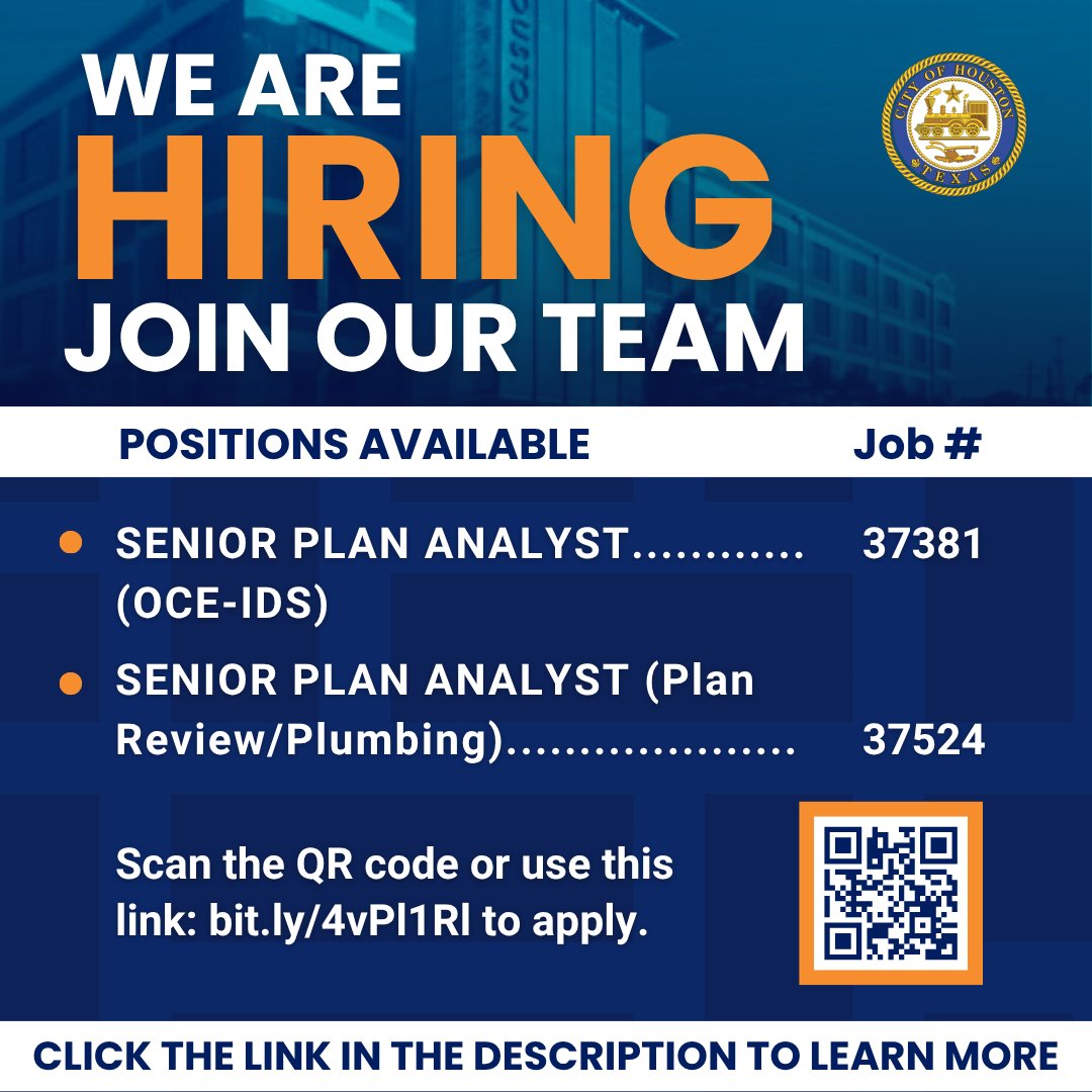 COHPermits's tweet image. Looking for your next career opportunity? The Houston Permitting Center is hiring across multiple roles, including:
- Permit Technician
- Engineer
- Inspector
- Permit Specialist
- Plan Analyst
- And more
 
Apply now: bit.ly/4vPl1Rl #NowHiring #JoinUs