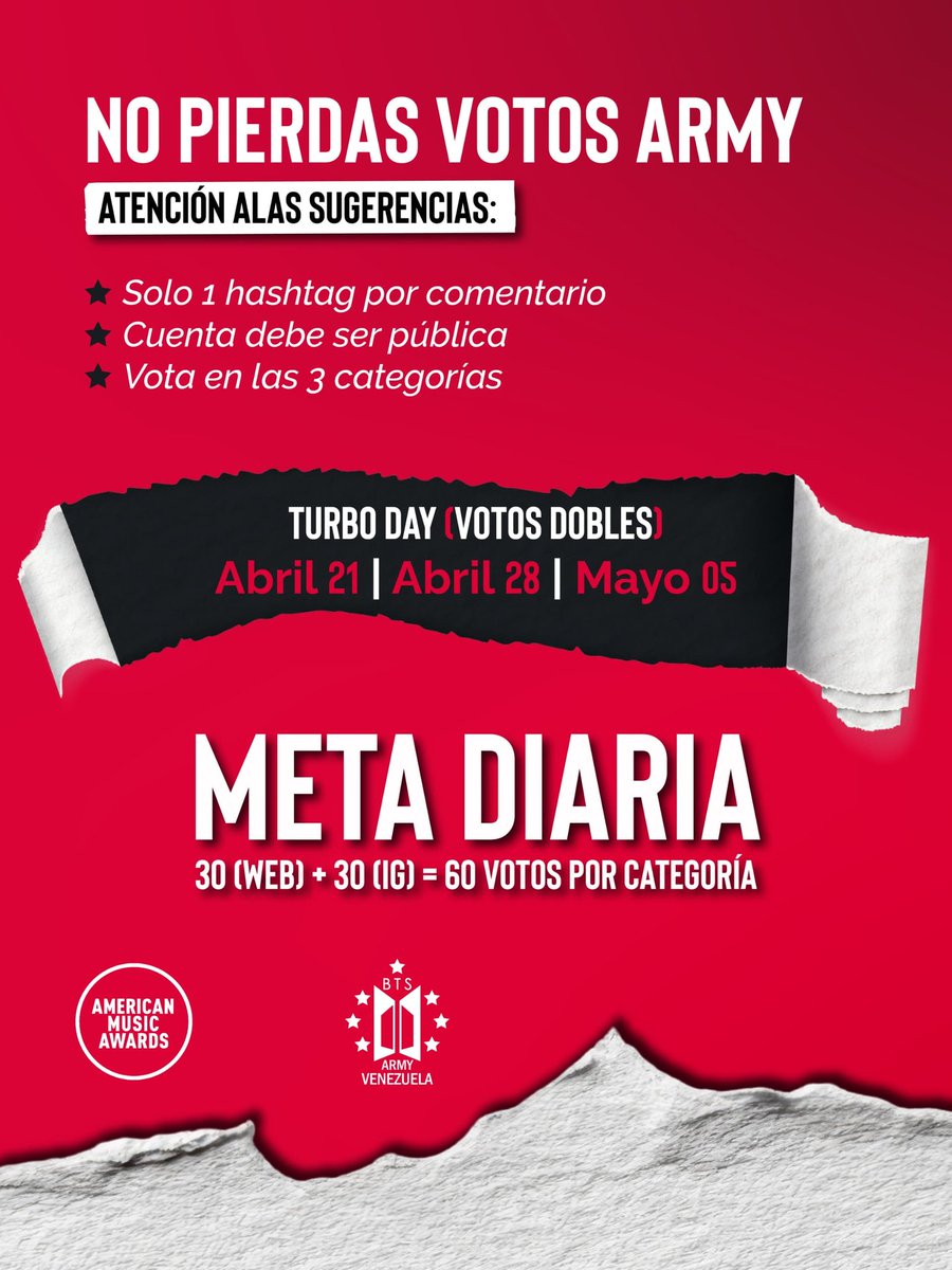 ¡Vota por <a href="/BTS_twt/">방탄소년단</a> en los #AMAs2026! 💜
🗳️ 60 votos diarios.
🏆 Artista del Año y más.
¡Hazlo hoy! 🚀 #BTS #ARMY