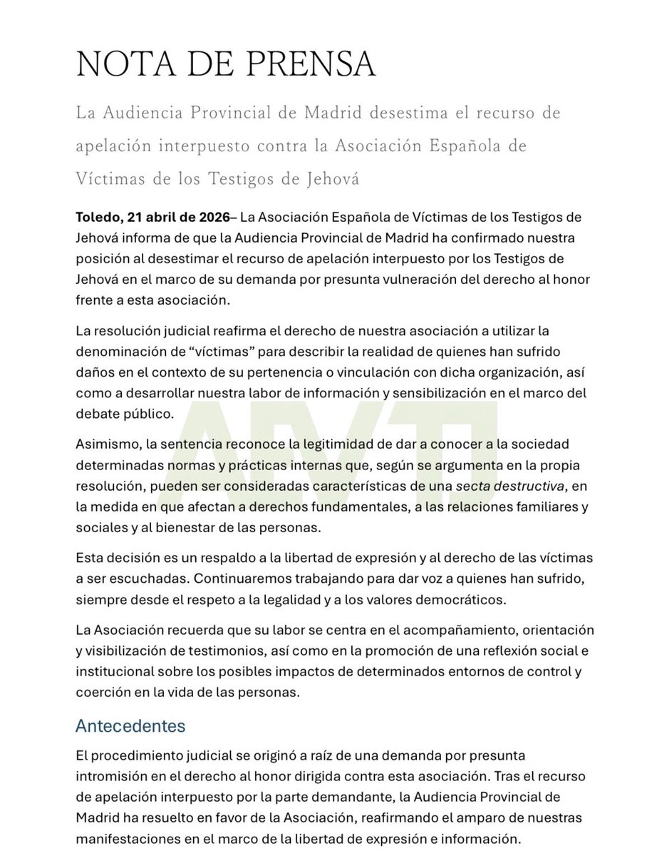Comunicado oficial de nuestra asociación ante tan histórica victoria en los tribunales:
