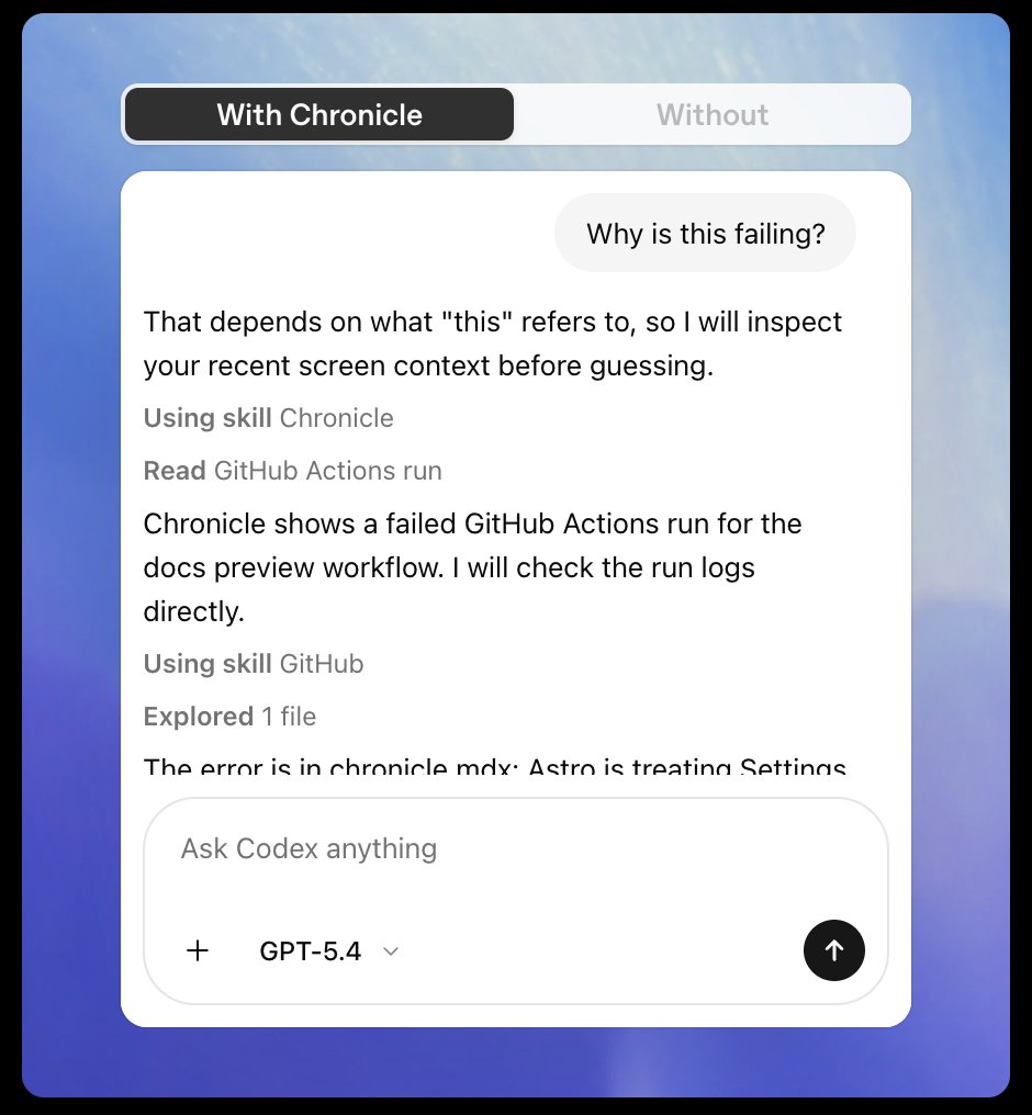 bomby84's tweet photo. @OpenAI's Codex Chronicle (announced by @embirico):

Codex now reads your recent screen context to remember what you've been working on.

Approach: the agent watches your desktop.
Integration surface: screenshots. https://t.co/Z5apYYbecH