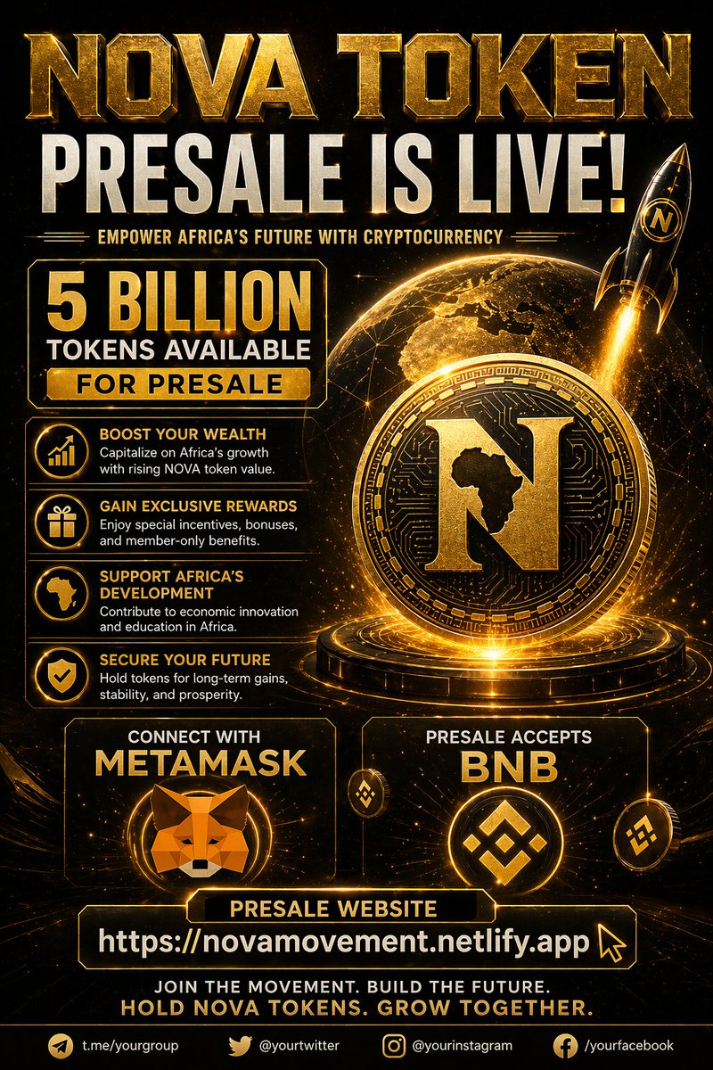 _NovaToken's tweet photo. 🚀 NOVA TOKEN PRESALE IS LIVE
Secure your spot early and be part of Africa’s crypto future.
Limited supply — don’t miss out.
👉 https://t.co/8Ub2UzMXM0⁠�
Buy early. Hold strong. Grow with NOVA. https://t.co/fygw5X1CeK