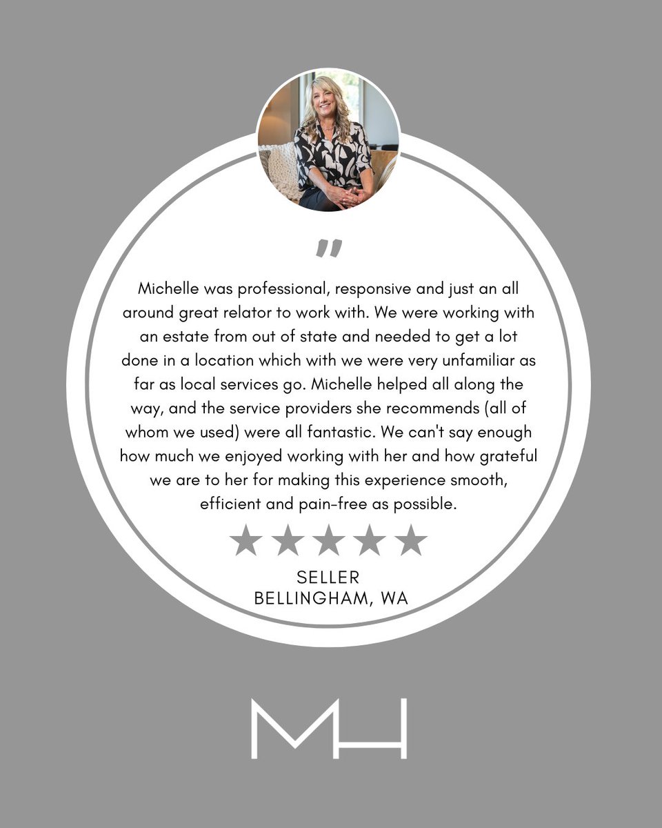 bhamwashrealtor's tweet image. "Michelle was professional, responsive and just an all around great relator to work with. We were working with an estate from out of state..." - Seller - Bellingham, WA
.
.
.
#MichelleHarrington #Compass #CompassBellingham #RealEstate #ClientTestimonial