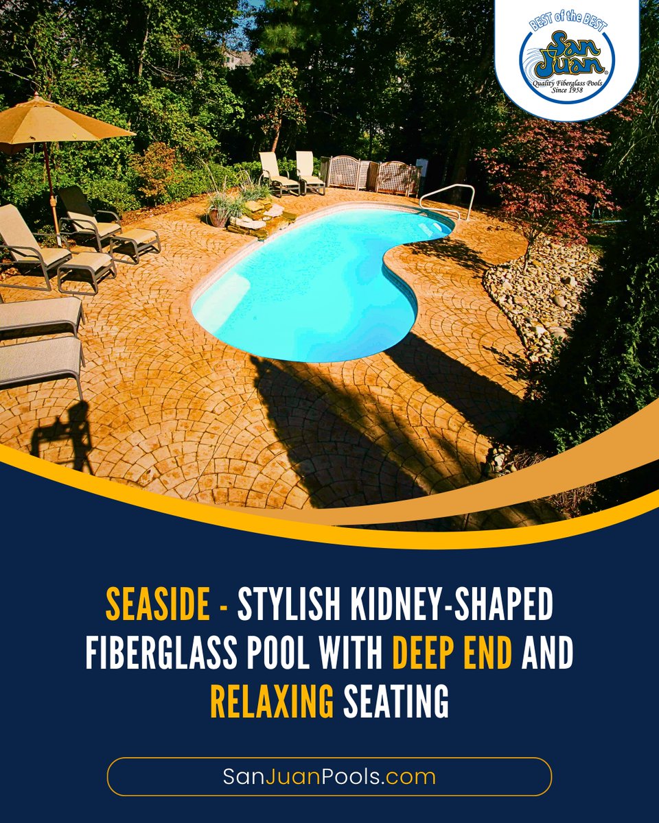 Turn your backyard into a fun and relaxing space with the Seaside pool. Its classic kidney shape, comfy seating, and room to swim make it perfect for family time or parties. sanjuanpools.com/pools/Seaside