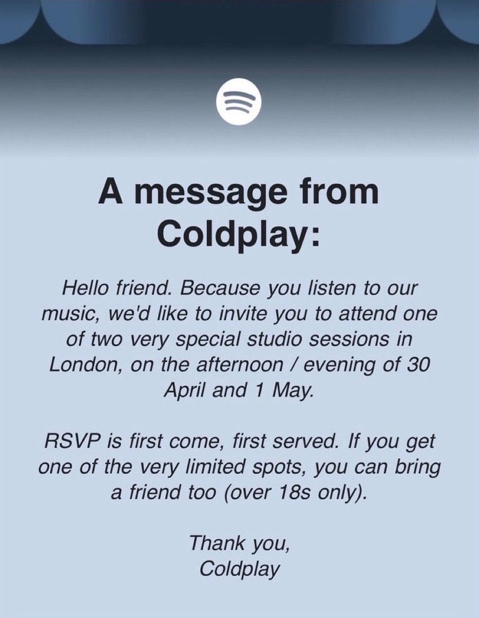 Coldplay está invitando a los fans a dos sesiones especiales de estudio en Londres el 30 de abril y el 1 de mayo a través de Spotify 🚨👀 | via <a href="/coldplaying/">Coldplaying</a>