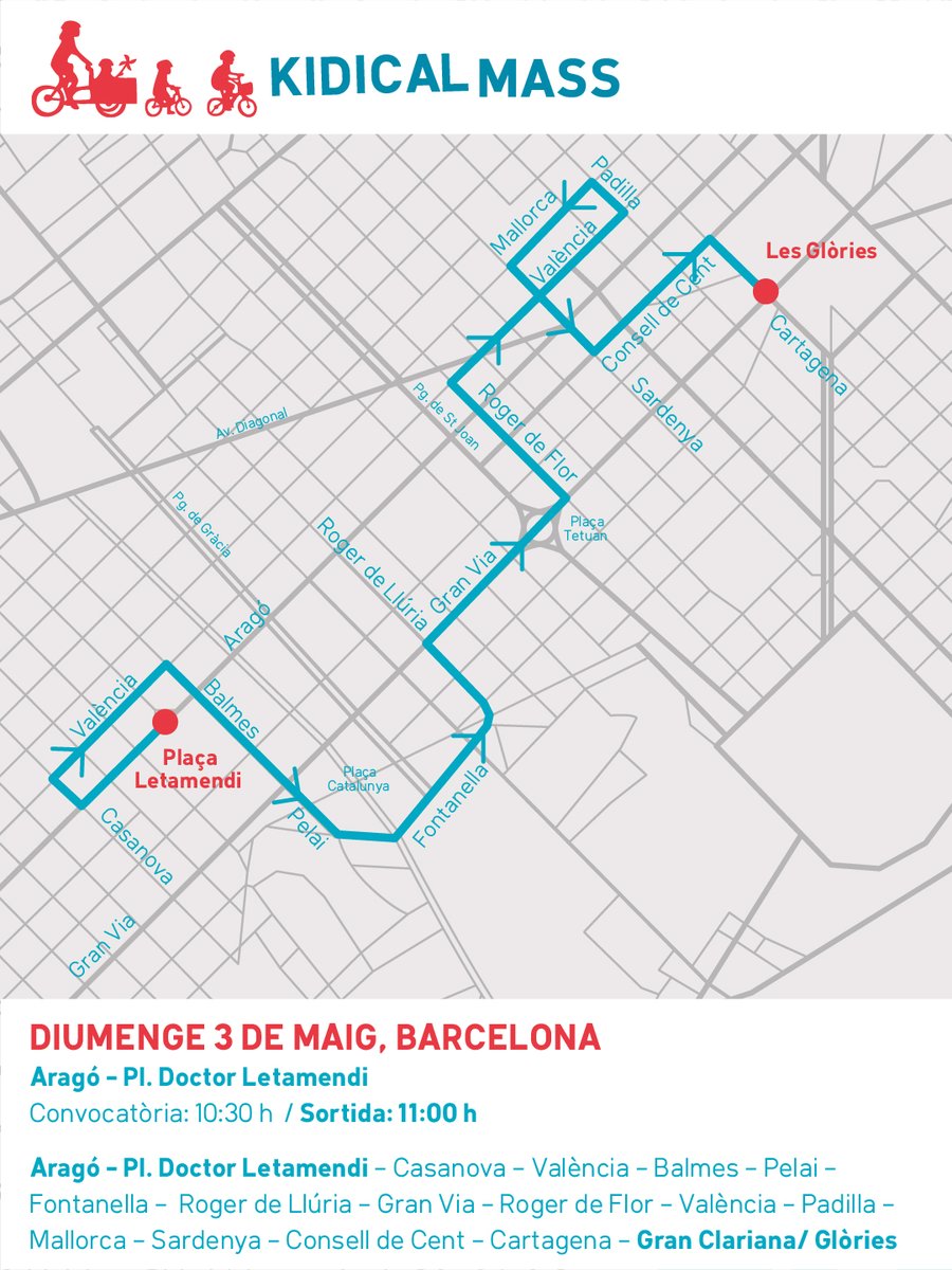 bacc_cat's tweet photo. Atenció #bicibcn!  Ja tenim aquí el recorregut de la cinquena Kidical Mass a Barcelona 💛

📅 3 de maig de 2026
🕥 10:30 h convocatòria | 11:00 h sortida
📍 Aragó amb Letamendi → Glòries

Compartiu i no hi falteu famílies! 

Més info al canal de Telegram https://t.co/bvJALSOEjs https://t.co/rkgyYmNFTT