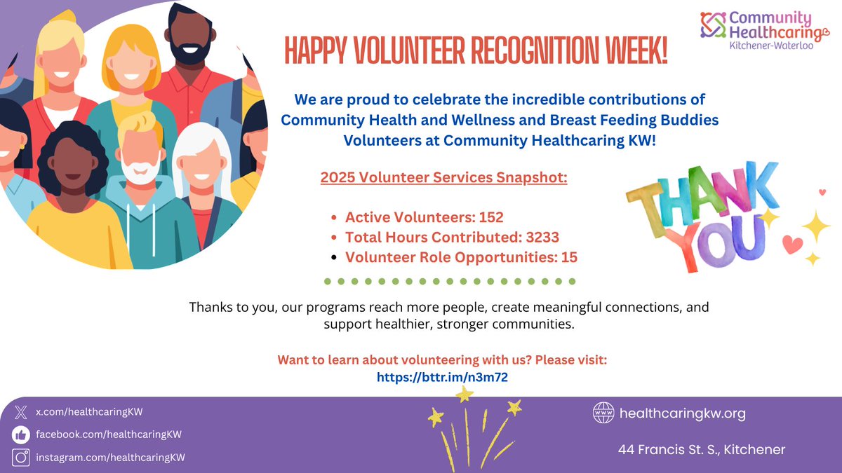 HealthcaringKW's tweet photo. ๐งก Happy Volunteer Week! ๐
In 2025, 152 volunteers gave 3,233 hours to support CHCKW & Breastfeeding Buddies. You make our community healthier and more connected. Thank you! ๐คโจ
Join us: https://t.co/lsVFiCVdD9
#NVW2026 #healthcaring https://t.co/oyfuKy9Z5t