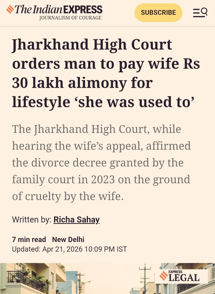 COURT GRANTS DIVORCE TO HUSBAND BECAUSE OF CRUELTY BY WIFE

HIGH COURT ASKS HIM TO PAY 30 LACS ALIMONY TO HER TO ENSURE SHE LIVES LIFESTYLE SHE WAS USED TO

EQUALITY IN INDIA 🤡