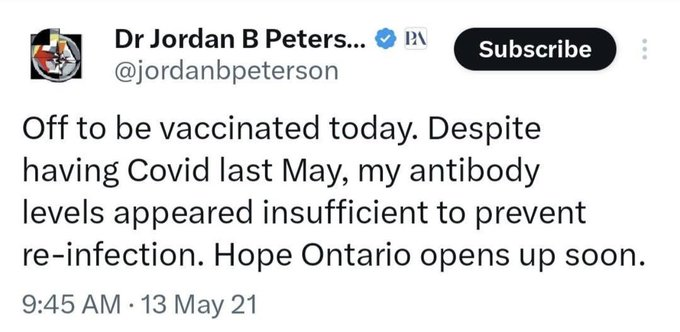 Two things that Jordan Peterson is never going to own: 1) that he was wrong about Gaza and 2) that he was wrong about the vaccine.