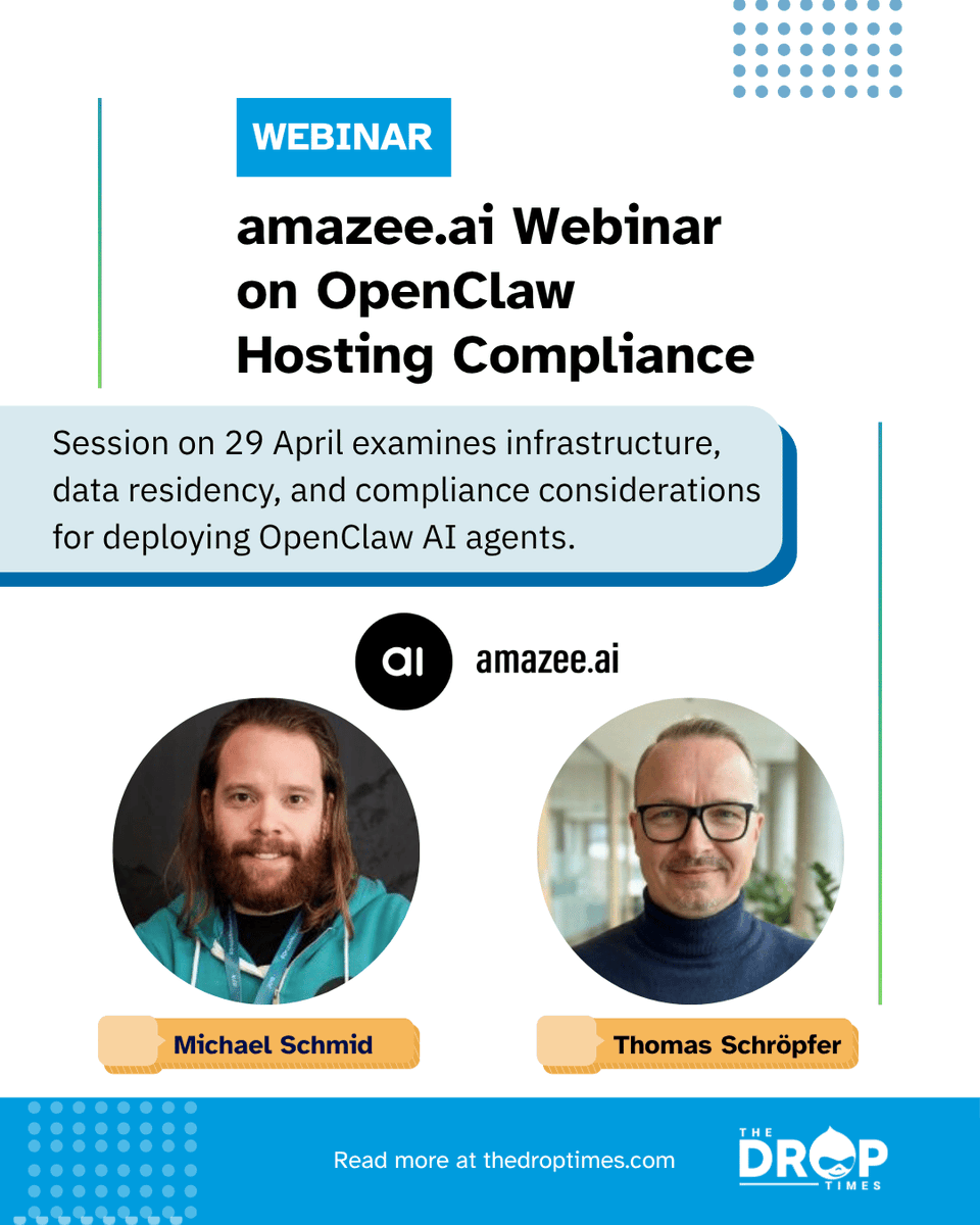 thedroptimes's tweet image. amazee.ai @amazeeai  to host webinar on OpenClaw hosting and data privacy.

Focus on compliance, regional hosting, and secure AI agent deployment.

bit.ly/4u1qQJy 

#Drupal #AI #DevOps #Webinar