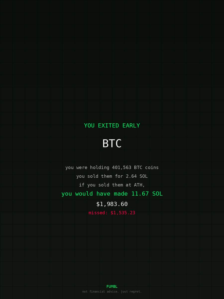 NhPtct's tweet image. used fumbledbags.com to see how much i missed out on $BTC bro actually gonna crash out                               

HvSgC25Zv7buM5UNaNpEsSQjr4yCqgR5itD5dhudfeDT
#solflare 
#nutrition