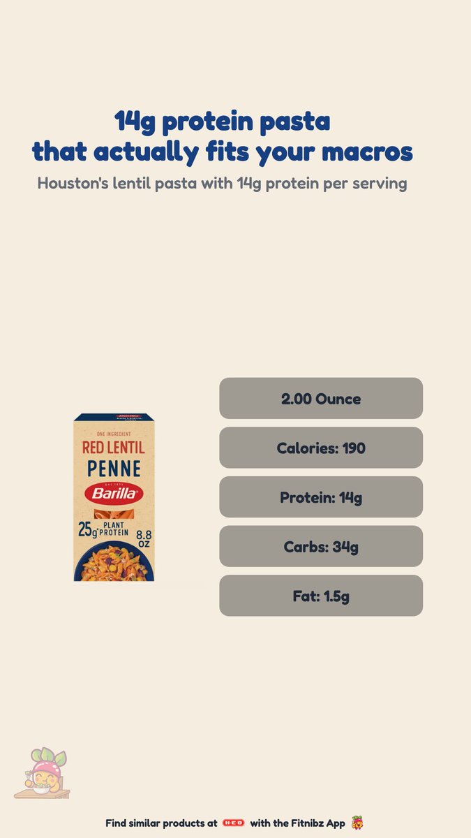 fitnibz's tweet image. Barilla 14g Protein Red Lentil Penne Pasta, 8.8 oz
190 cal | 14g protein | 34g carbs | 2g fat
Serving: 2.00 Ounce
Price estimate: $2.92 (Okay)
Houston's lentil pasta with 14g protein per serving

Hashtags:
#HealthyEating #MacroFriendly #Houston #Texas #diet