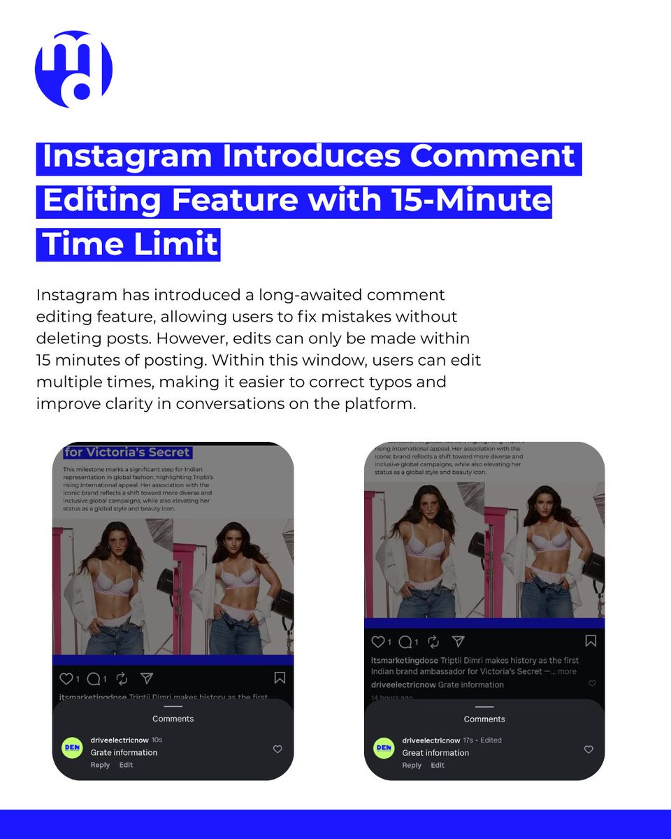 itsmarketingdoz's tweet image. Instagram finally fixes one of its most requested features. You can now edit comments, but only within 15 minutes of posting. A small update that makes a big difference for creators and conversations.
#InstagramUpdate #SocialMediaNews #InstagramFeatures #DigitalMarketing