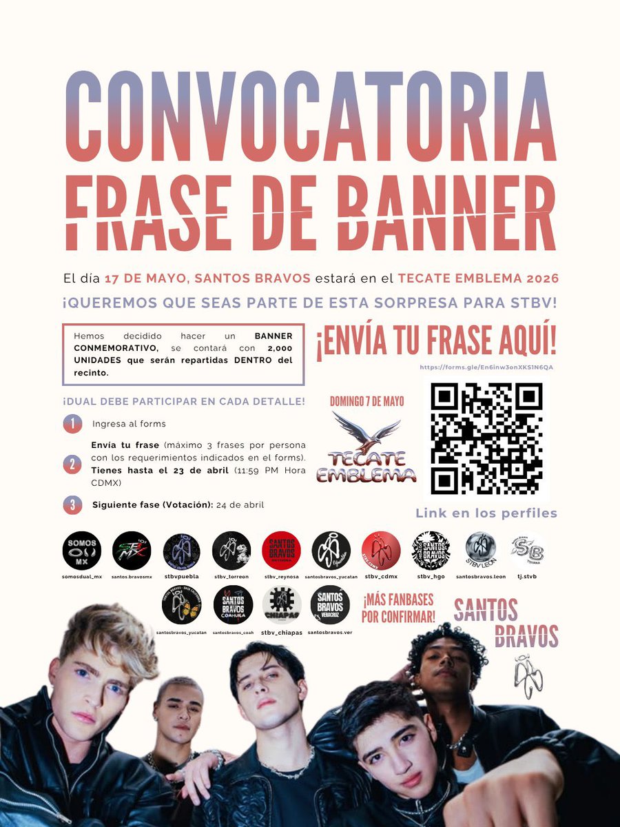 stbv_cdmx's tweet image. ¡La primera fase para la creación del banner está abierta!

✨Participa y envía tu frase (Max 3 por persona)
📅 Tienes hasta el 23 de abril (11:59 PM CDMX)
🗳️ Las seleccionadas pasarán a votación

🔗 forms.gle/En6inw3onXKS1N…

#SANTOSBRAVOS #STBV #DUAL