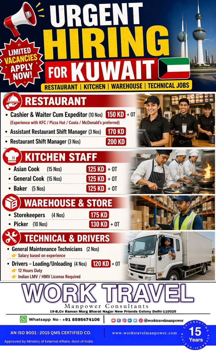 worktravelagent's tweet photo. 🚨 Kuwait Jobs Alert 🇰🇼
Restaurant | Kitchen | Warehouse | Drivers
💰 120–200 KD + OT
🏠 Free Accommodation &amp; Transport
🔥 Limited Vacancies – Apply Now!
#KuwaitJobs #GulfJobs #HiringNow #JobsAbroad #DubaiJobs #WorkAbroad #JobAlert https://t.co/NRpmDQSvdB