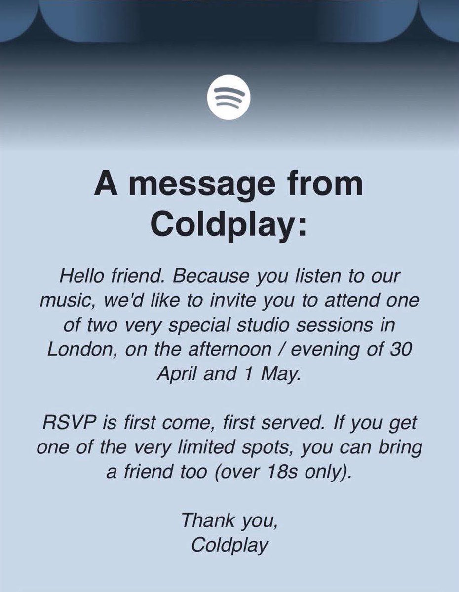 ColdplayFrance's tweet photo. 🚨Spotify invite les fans de Coldplay à Londres pour une session de studio spéciale le 30 avril et le 1er mai ! 🚨

Crédits : Coldplay https://t.co/t6o1zoXNi8
