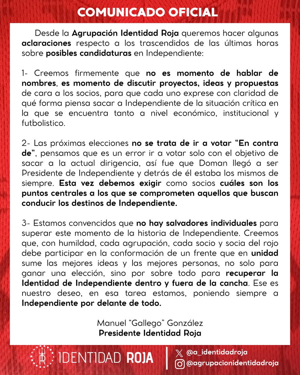 Comunicado oficial de Identidad roja. #Independiente