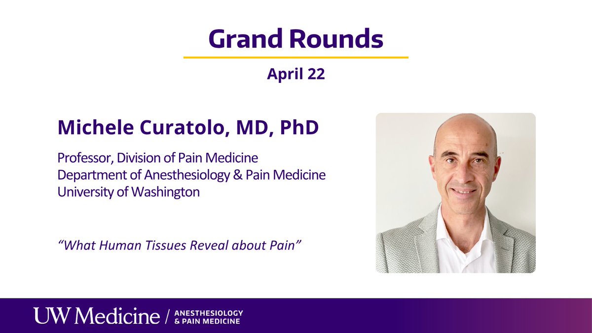UWAnesthPainMed's tweet image. Tomorrow's #GrandRounds with @MicheleCuratolo highlights how human tissue analysis connects molecular biology to pain care. Dr. Curatolo is an internationally recognized physician‑scientist and professor at @UWAnesthPainMed. 
#ResearchImprovesLives @UWMedicine  @uwsomwwami