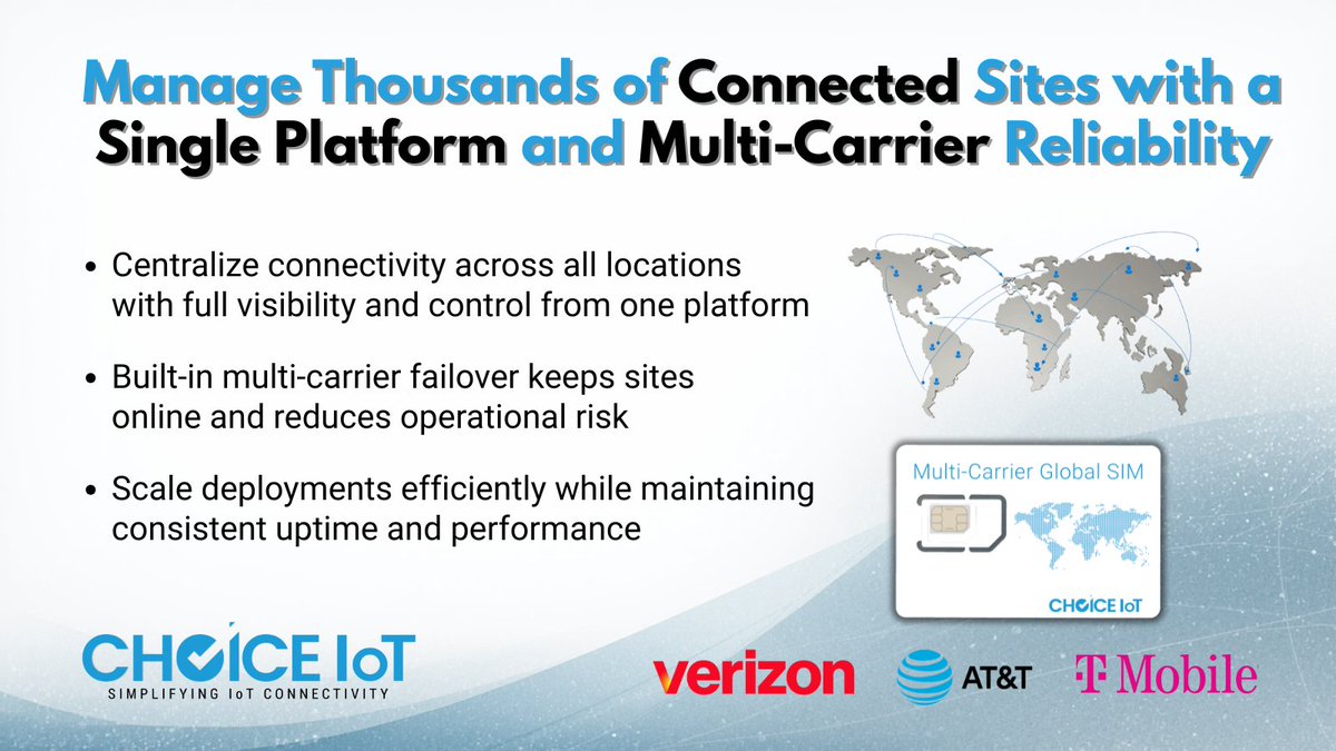 ChoiceIoT's tweet image. @ChoiceIoT helps centralize connectivity across thousands of sites with multi-carrier reliability built for scale, uptime, and operational control.
Learn more at hubs.ly/Q04cTymC0
#IoT #iotdata #multicarriersim #5G #iotsim #tmobile #verizon #att #singlesim #choiceiot