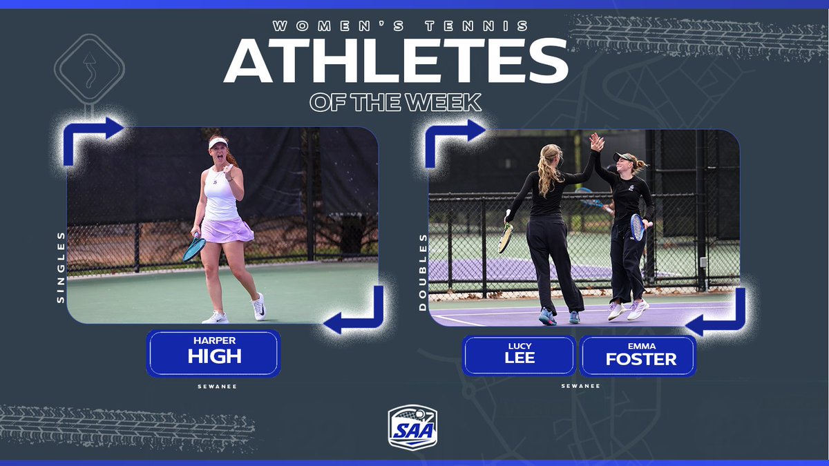 🎾 SAA Women's Tennis | Athletes of the Week

Singles: Harper High
Doubles: Lucy Lee / Emma Foster (Sewanee)
<a href="/SewaneeTigers/">Sewanee Athletics</a>

🔗ow.ly/GtIq50YMUeq

#SAAUnmatched