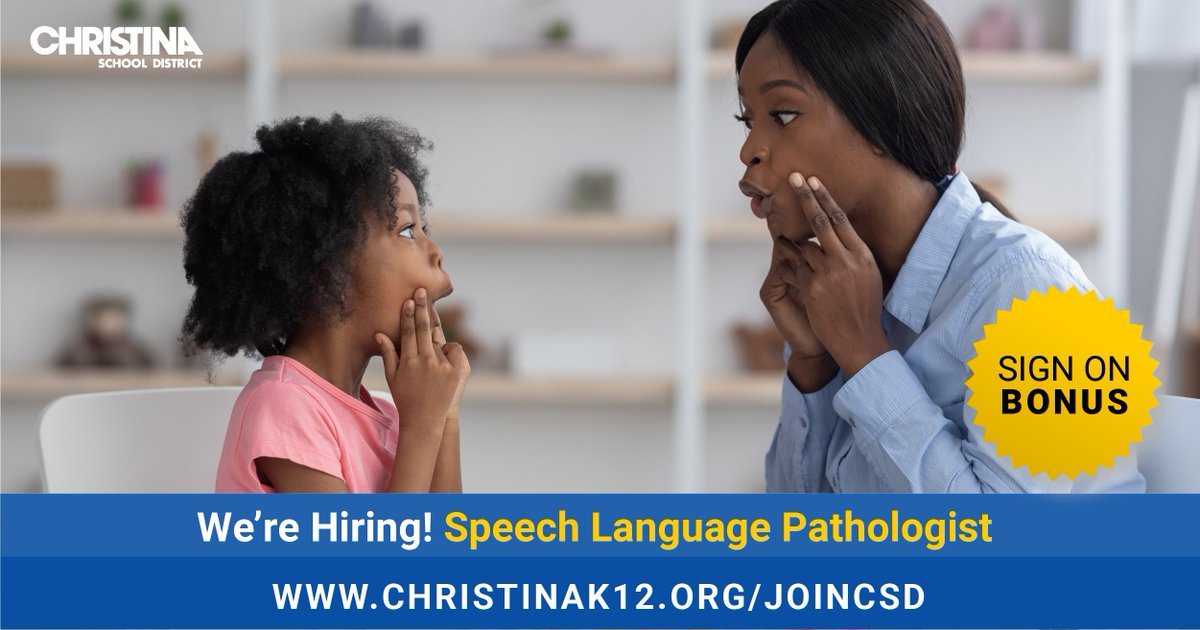 ChristinaK12's tweet image. We're #NowHiring: Speech Language Pathologist. Sign-On Bonus. Apply online to #JoinCSD: christinak12.org/joincsd-studen….

📌 View all job openings: christinak12.org/joincsd-apply

#EduJobs #netde #hiring #WilmDE #NewarkDE