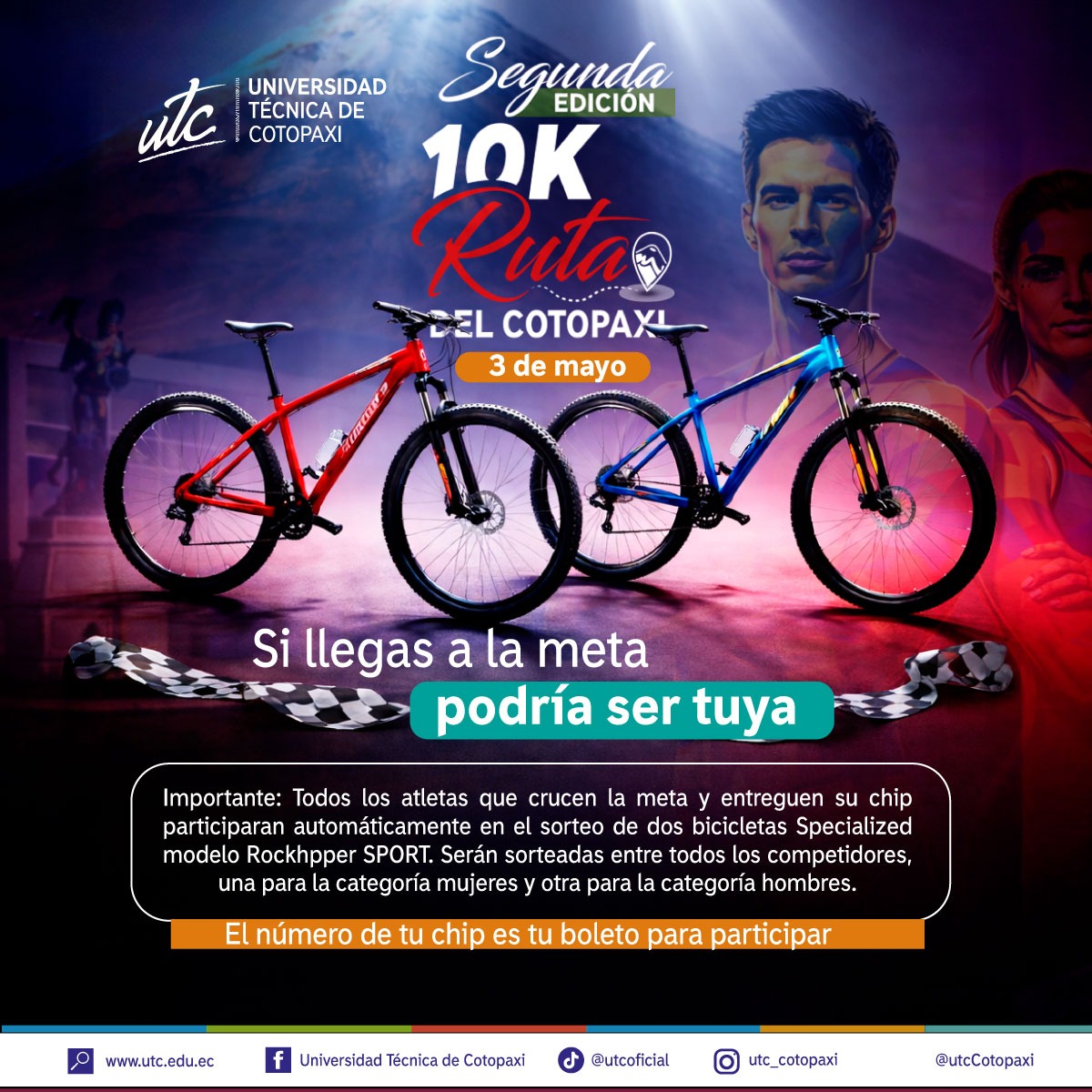 utcCotopaxi's tweet image. 🔥 Corre, disfruta y gana. Participa en la 10K Ruta del Cotopaxi y entra al sorteo de una bicicleta.

📌 Inscripciones abiertas en rutacotopaxi.utc.edu.ec
🚀 ¡Desafía tus límites este 3 de mayo!

#SoyUTC #RutaDelCotopaxi #10K #Correr #Run
