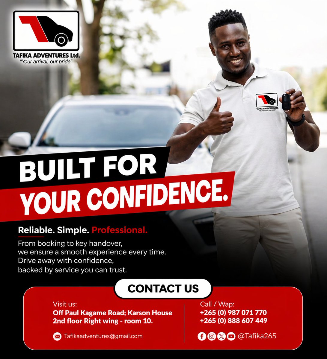 Tafika265's tweet photo. 𝗕𝗨𝗜𝗟𝗧 𝗙𝗢𝗥 𝗬𝗢𝗨𝗥 𝗖𝗢𝗡𝗙𝗜𝗗𝗘𝗡𝗖𝗘

From booking to key handover, we deliver a smooth and reliable experience every time. 🚙✔️

Drive with a service you can trust.

#TafikaAdventures #Malawi #TrustedService #4x4Hire #TravelSmart #Lilongwe https://t.co/rrOh12eK53
