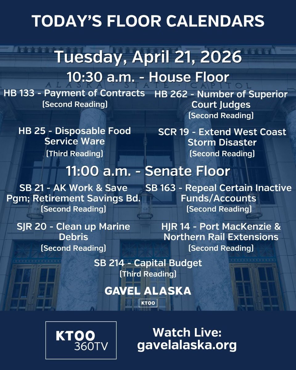 GavelAlaska's tweet image. The House and Senate are both in session today. The Senate will be taking up the capital budget, while the House continues hearing amendments on HB 133. #akleg