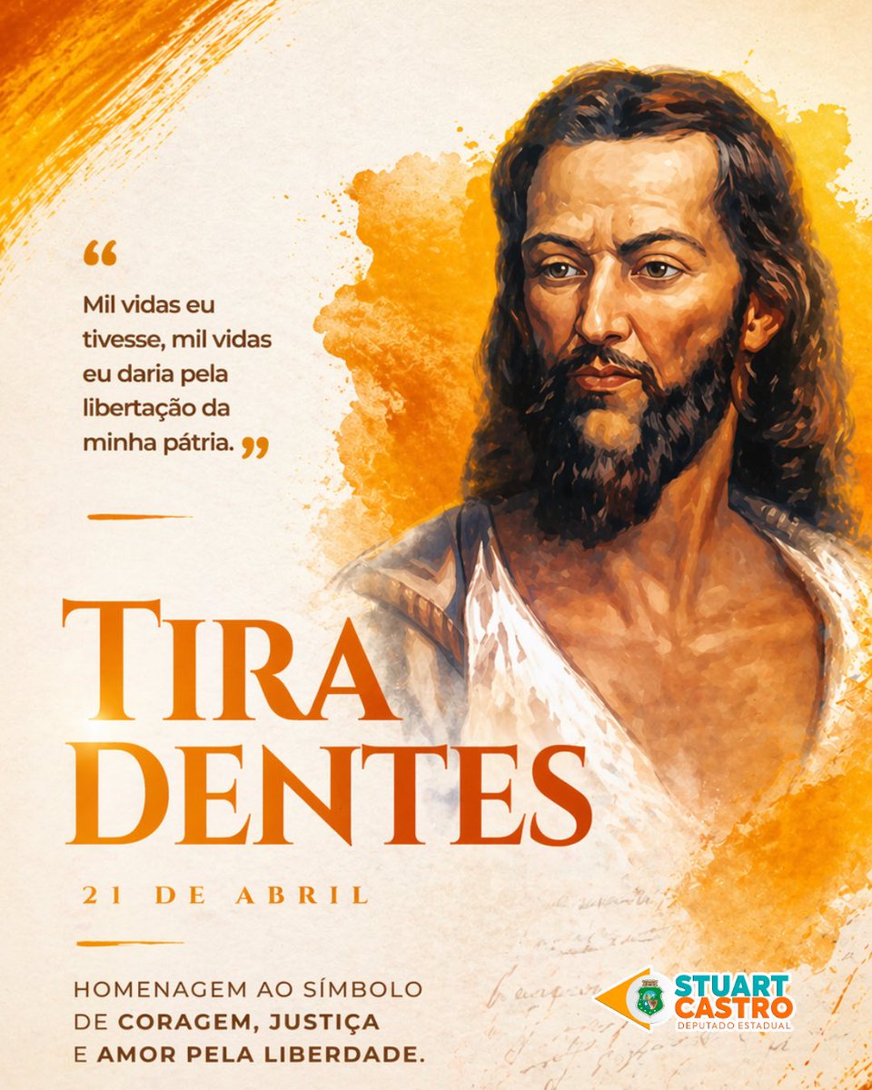 stuartcastro's tweet photo. Símbolo de coragem, luta e amor pela liberdade, Tiradentes marcou a história do Brasil com seu ideal de justiça e independência.

Que sua memória nos inspire a construir um país mais justo, com mais consciência, responsabilidade e compromisso com o bem coletivo. ✊✨ https://t.co/knurxzXuOY
