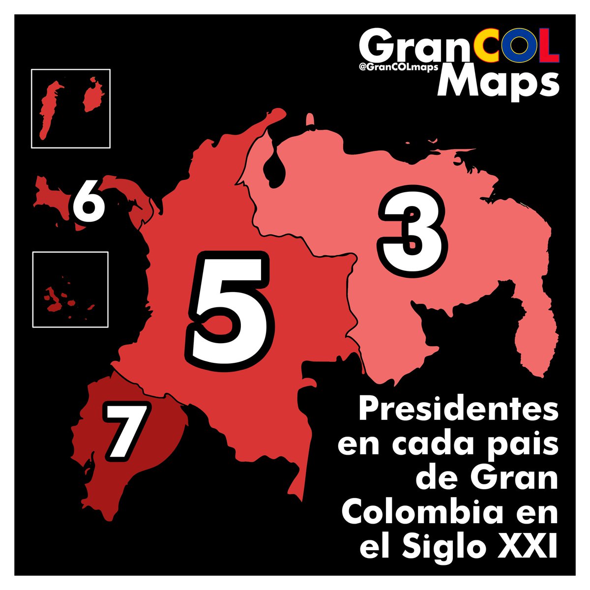 GranCOLmaps's tweet photo. Presidentes en Gran Colombia hasta el momento en el Siglo XXI

🇵🇦 Panamá
Mireya Moscoso 1999 – 2004
Martín Torrijos 2004 – 2009   
Ricardo Martinelli 2009 – 2014
Juan Carlos Varela 2014 – 2019
Laurentino Cortizo 2019 – 2024
José Raúl Mulino 2024 – Actualidad

🇪🇨 Ecuador
Gustavo Noboa 2000 – 2003
Lucio Gutiérrez 2003 – 2005
Alfredo Palacio 2005 – 2007
Rafael Correa 2007 – 2017
Lenín Moreno 2017 – 2021
Guillermo Lasso 2021 – 2023
Daniel Noboa 2023 – Actualidad

🇻🇪 Venezuela
Hugo Chávez 1999 – 2013
Nicolás Maduro 2013 – 2026
Delcy Rodríguez 2026 – Actualidad

🇨🇴 Colombia
Andrés Pastrana 1998 – 2002
Álvaro Uribe 2002 – 2010
Juan Manuel Santos 2010 – 2018
Iván Duque 2018 – 2022
Gustavo Petro 2022 – Actualidad