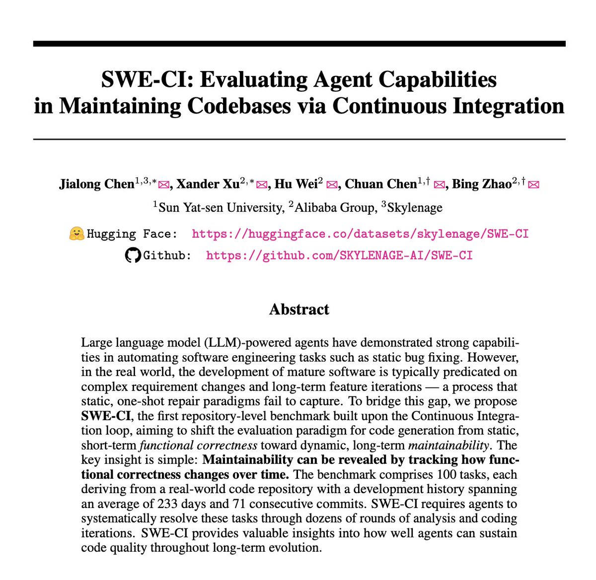 SWE-CI paper: first repository-level benchmark built on CI loop, shifting evaluation from static short-term functional correctness to dynamic long-term maintainability across 100 repositories and 233-day histories
