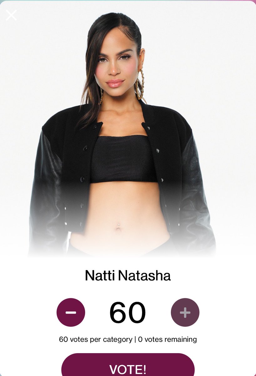 VOTA EN DOBLE! Hoy es voto en doble en las categorías de los <a href="/AMAs/">American Music Awards</a>, <a href="/NattiNatasha/">NATTI NATASHA</a> está nominada en “Best Female Latin Artist”, así que dale sus 60 votos ya. 

‘Best Female Latin Artist’ — NATTI NATASHA. 

#Femalelatinnattinatasha 

📌 vote.theamas.com/best-latin-duo…