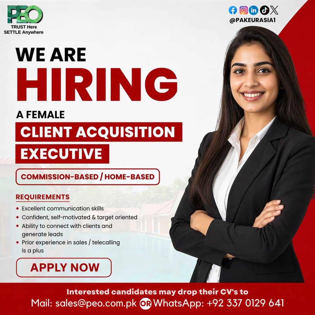 pakeurasia1's tweet image. We Are Hiring
Looking for a motivated and confident Female Client Acquisition Executive to join our team!
Apply Now
Send your CV to sales@peo.com.pk
Or WhatsApp: +92 337 0129641
#PEO #WeAreHiring #JobOpportunity #WorkFromHome #SalesJobs #ClientAcquisition #HiringNow #PakistanJobs