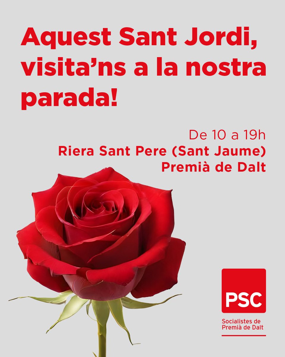 PSCPremiadeDalt's tweet photo. Aquest Sant Jordi ens veiem a Sant Jaume, de 10 a 19h. 

Bona Diada! 🌹📚🐉

#santjordi #premiadedalt https://t.co/OcqMeWcxGx