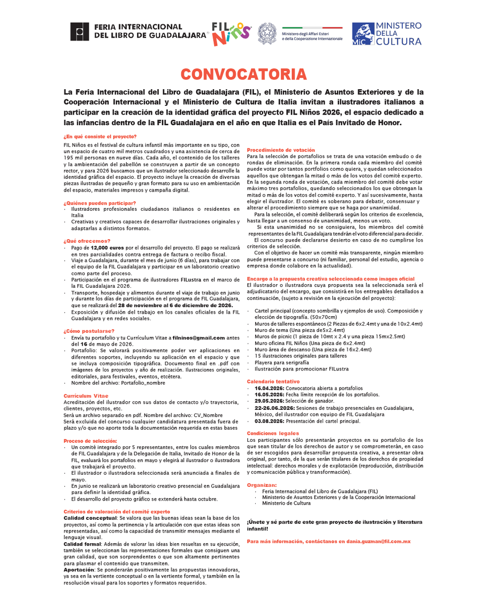 ¿Eres ilustrador o ilustradora profesional con ciudadanía italiana o residencia en Italia?

Participa en la creación de la identidad gráfica de FIL Niños.

Más información: bit.ly/492GqfM