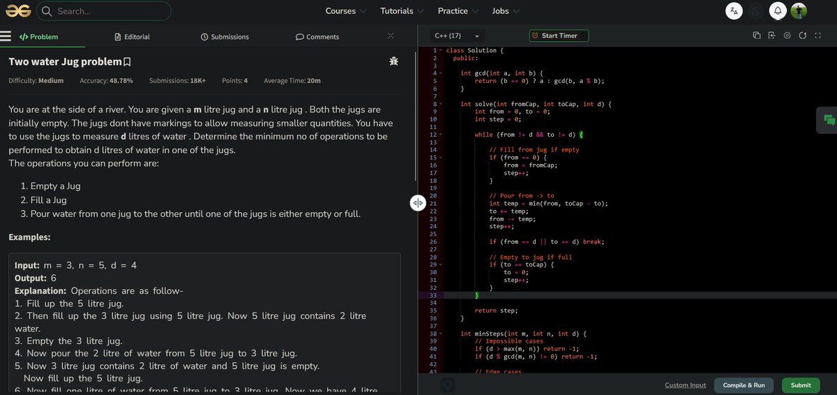 RamanujT080's tweet photo. Day 19 — POTD

Water Jug problem today.

Had the logic right, but missed a simple edge case (when target equals one jug). Fixed it after a failed test case.

Good reminder: sometimes the bug isn’t in logic, it’s in what you didn’t check.

@GeeksforGeeks #POTD #DSA #100DaysOfCode https://t.co/FLip2lly8I